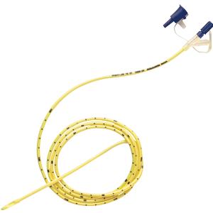 Yellow medical feeding tube with blue connector for enteral nutrition on white background