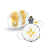Wearable electric breast pump set with yellow and white components for nursing mothers