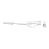 Medical drainage tubing with clamp and cap labeled drain only on white background