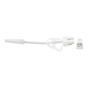 Medical drainage tubing with clamp and cap labeled drain only on white background