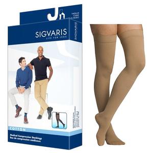 Medical compression stockings thigh-high in beige, product packaging with two people sitting
