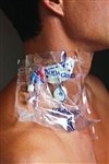 Man using a transparent wound dressing with tubing on his neck for medical care