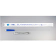 Sterile hydrophilic male catheter with blue grip, single-use medical supply on gray background