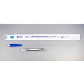 Sterile hydrophilic male catheter with blue grip, single-use medical supply on gray background