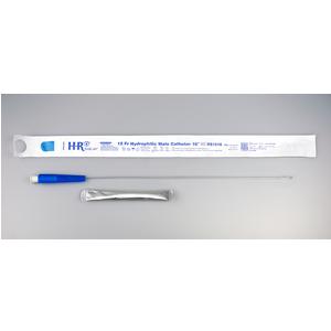 Sterile hydrophilic male catheter with blue grip, single-use medical supply on gray background