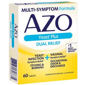 AZO Yeast Plus Dual Relief tablets box for yeast infection and vaginal symptom relief, 60 count