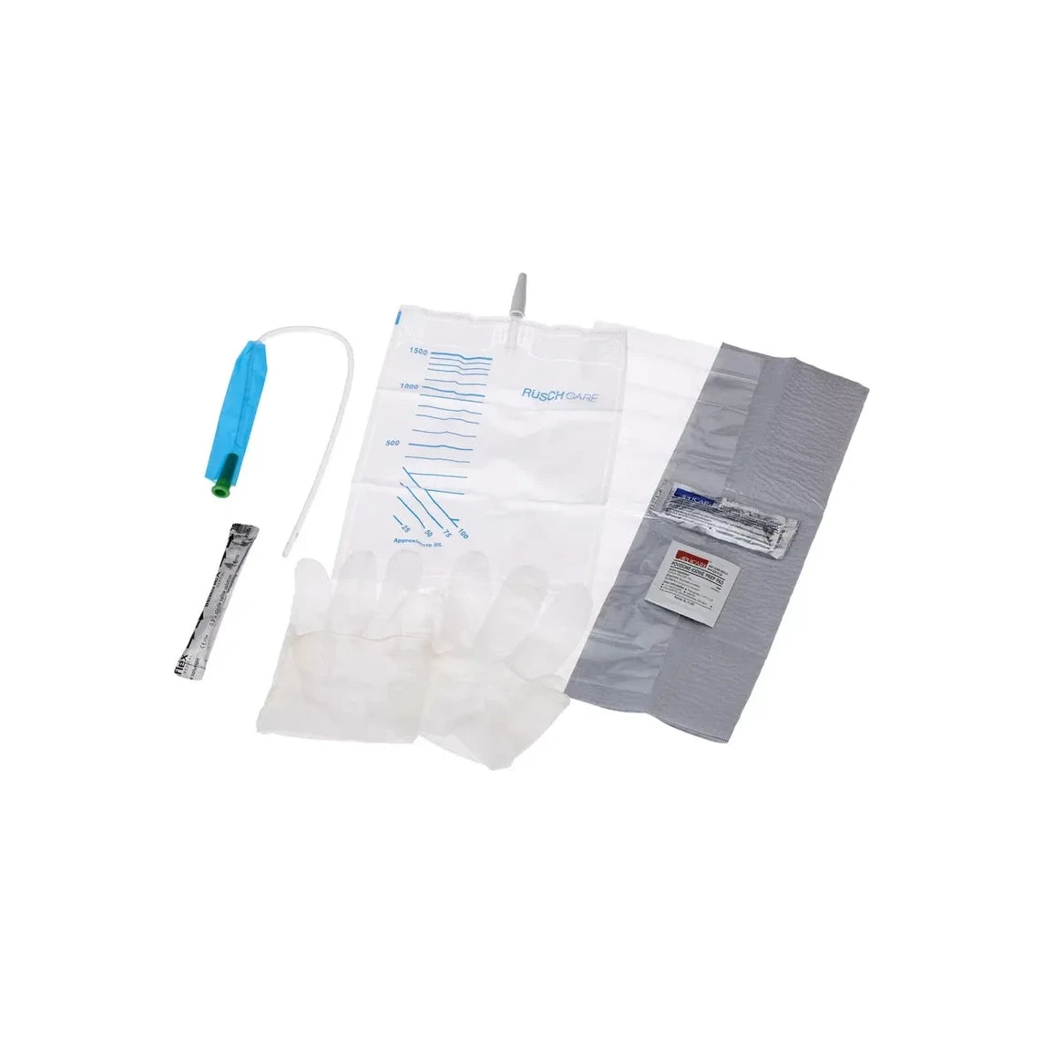 Sterile urinary catheter kit with gloves, drainage bag, lubricant, and antiseptic wipe.