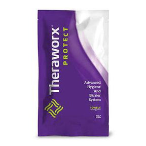Theraworx Protect hygiene and barrier system towelettes in purple packaging