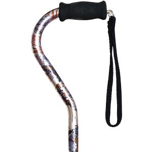 Ergonomic walking cane with cushioned handle and wrist strap, abstract pattern design
