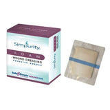 Simpurity foam wound dressing with adhesive border in retail box and sterile packaging