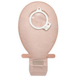Beige ostomy pouch with circular flange and secure closure, medical supply for home use