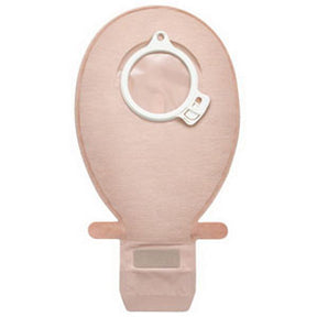 Beige ostomy pouch with circular flange and secure closure, medical supply for home use