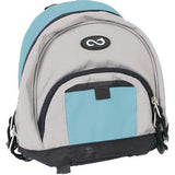 Light blue and gray medical supply backpack with black accents and front zipper pocket