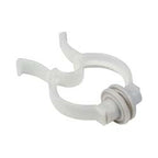 White plastic medical tubing clamp with rubber gasket on white background