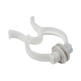 White plastic medical tubing clamp with rubber gasket on white background