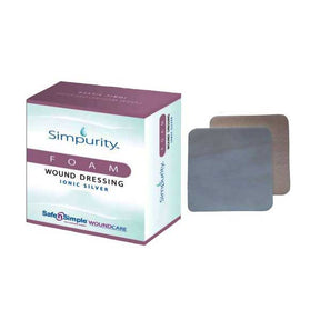 Simpurity foam wound dressing with ionic silver, square bandage and product box