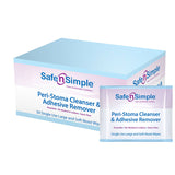Box and packet of Safe n Simple peri-stoma cleanser and adhesive remover wipes