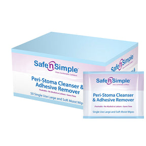 Box and packet of Safe n Simple peri-stoma cleanser and adhesive remover wipes