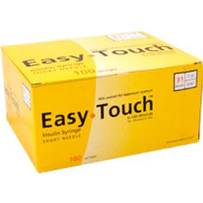 Easy Touch insulin syringe box, yellow packaging, 31 gauge short needle, 100 count