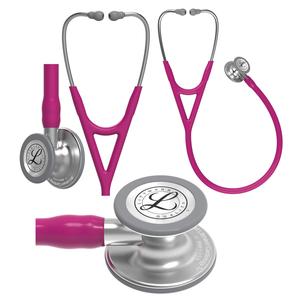 Pink medical stethoscope with silver chestpiece, multiple angles on white background
