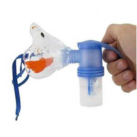 Hand holding reusable nebulizer set with mask and blue strap, respiratory care device