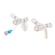 Two medical feeding tube connectors with clear and blue components on white background