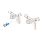Two medical feeding tube connectors with clear and blue components on white background