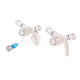 Two medical feeding tube connectors with clear and blue components on white background