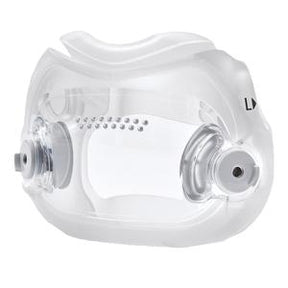 Clear silicone CPAP mask cushion for respiratory therapy, side view on white background