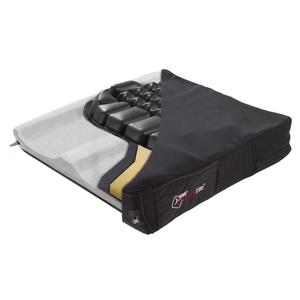 Medical wheelchair cushion with gel and foam layers, partial cover removed to show interior