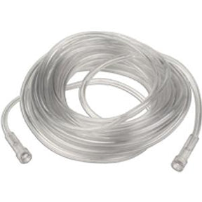 Clear oxygen supply tubing coiled on a white background, medical device accessory