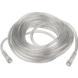 Clear oxygen supply tubing coiled on a white background, medical device accessory