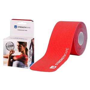 Red kinesiology tape roll next to retail box with athlete image, used for muscle support.