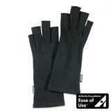 Pair of black compression gloves for arthritis relief with Ease of Use certification badge