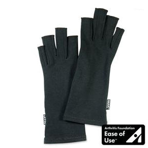 Pair of black compression gloves for arthritis relief with Ease of Use certification badge