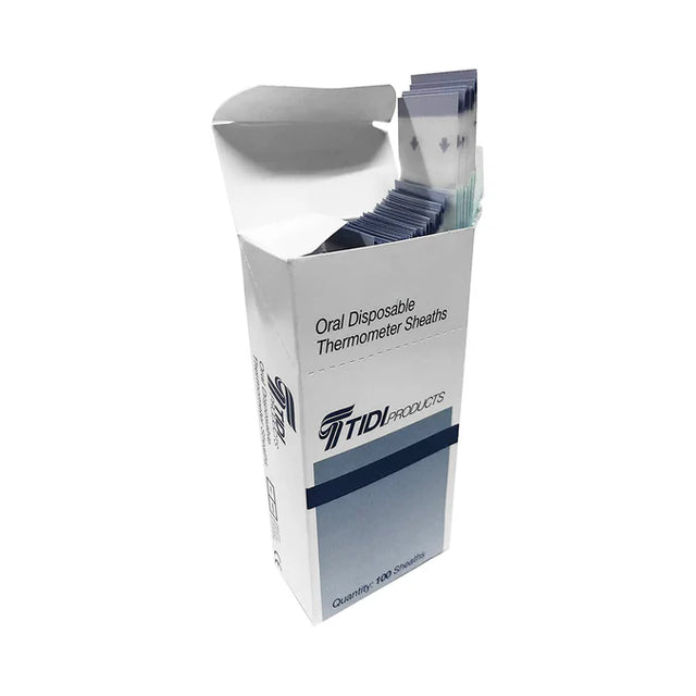 Box of oral disposable thermometer sheaths with individual sleeves visible