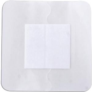 Sterile adhesive wound dressing with white absorbent pad on transparent square backing