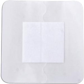 Sterile adhesive wound dressing with white absorbent pad on transparent square backing