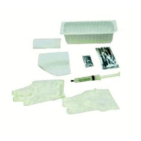 Medical supply kit with gloves, syringe, tray, gauze, and sterile packaging