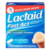 Lactaid Fast Act caplets box for lactose intolerance, with ice cream image and product details visible.