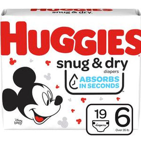 Huggies Snug & Dry diapers size 6 pack featuring Mickey Mouse, 19 count, absorbs in seconds