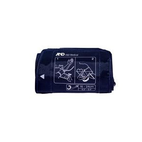 A&D Medical blood pressure cuff with printed instructions on dark fabric, isolated on white