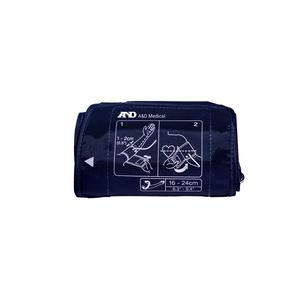 A&D Medical blood pressure cuff with printed instructions on dark fabric, isolated on white