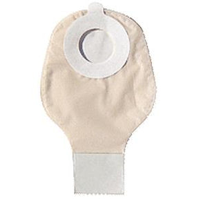 Beige medical ostomy pouch with adhesive barrier for stoma care and waste collection