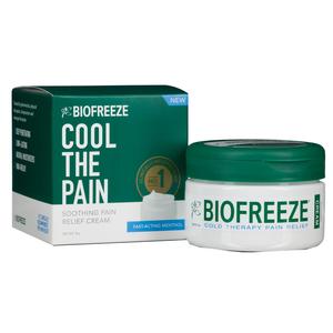 Biofreeze soothing pain relief cream jar and packaging for muscle and joint discomfort