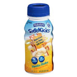 PediaSure SideKicks Vanilla Shake nutrition drink bottle with blue cap, 8 fl oz size.