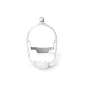 Minimalist white CPAP mask frame for sleep apnea therapy on white background