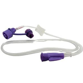 Medical feeding tube with purple connectors for enteral nutrition, home healthcare supply