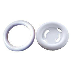 Two white plastic replacement grommets for medical supplies on white background