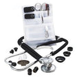 Medical stethoscope kit with scissors, penlight, spare ear tips, and white pocket organizer
